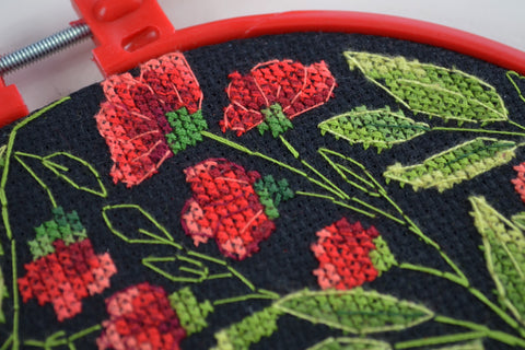 Cross Stitch Kit with Embroidery Hoop, Flower Dance Design, Abris Art, 17x17 cm Black 14 Count Fabric, Beginner Level