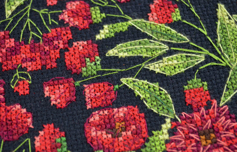 Cross Stitch Kit with Embroidery Hoop, Flower Dance Design, Abris Art, 17x17 cm Black 14 Count Fabric, Beginner Level