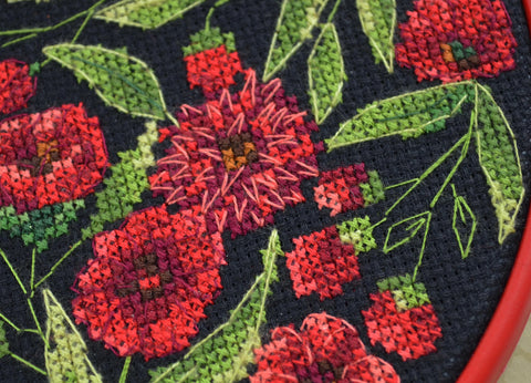 Cross Stitch Kit with Embroidery Hoop, Flower Dance Design, Abris Art, 17x17 cm Black 14 Count Fabric, Beginner Level