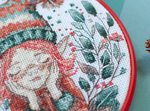 Cross Stitch Kit with Hoop, Dreamy People Motif, Abris Art, 15 x 15 cm, 14 Count Canvas, 16 Colors, Beginner Pattern