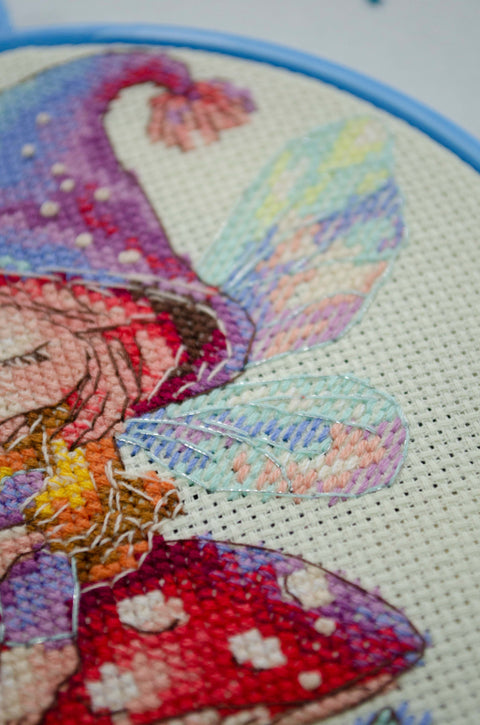 Cross Stitch Kit with Hoop, Little Witch Design, 15x15 cm, Abris Art, Ecru 14 Count Canvas, 20 Colors, Beginner-Friendly