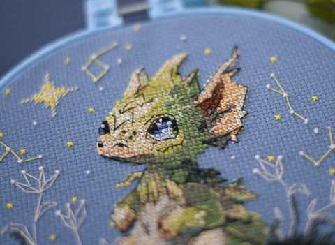 Cross Stitch Kit with Hoop, The Star Lighter Animal Design, 15 x 15 cm, 14-Count Blue Canvas, 17 Colors, Abris Art