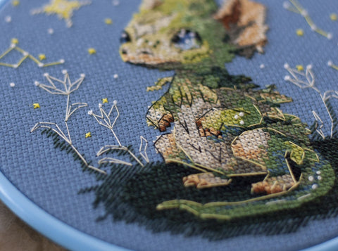 Cross Stitch Kit with Hoop, The Star Lighter Animal Design, 15 x 15 cm, 14-Count Blue Canvas, 17 Colors, Abris Art