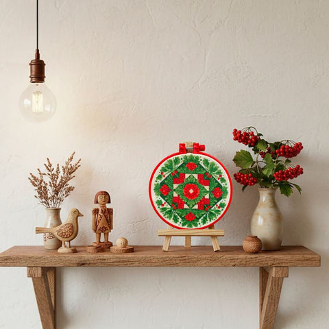 Christmas Cross Stitch Kit with Traditional Motif, Aida Fabric, 15x15 cm, Abris Art, 7-Color Cotton Threads