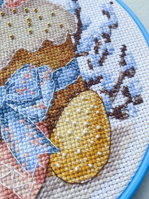 Easter Cross Stitch Kit, 15 x 15 cm Finished Design, Abris Art, White Aida 14 Count, 19-Color Floss, Hoop, Beads & Needles