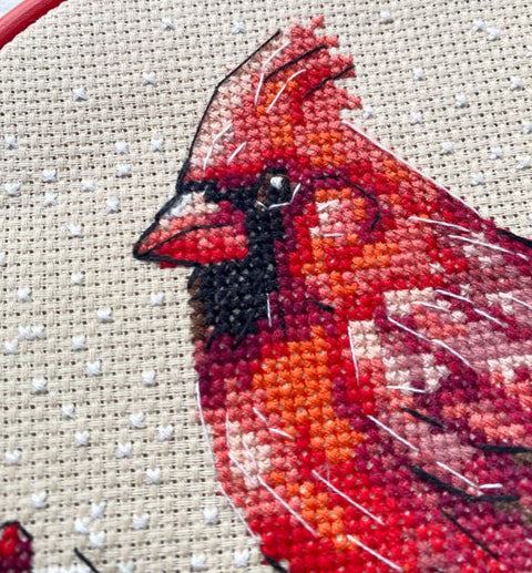Winter Cardinal Cross Stitch Kit, 15 x 15 cm, Aida 14 Count Coffee Fabric, 19-Color Cotton Threads, Abris Art