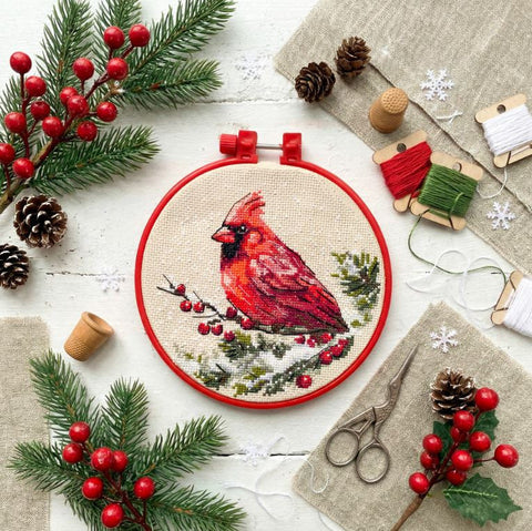 Winter Cardinal Cross Stitch Kit, 15 x 15 cm, Aida 14 Count Coffee Fabric, 19-Color Cotton Threads, Abris Art