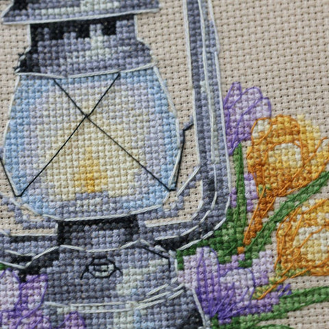 Cross Stitch Kit Spring Crocus Still Life with Hoop, Abris Art, 15x15 cm, Aida 14 Count Fabric, 19 Cotton Floss Colors