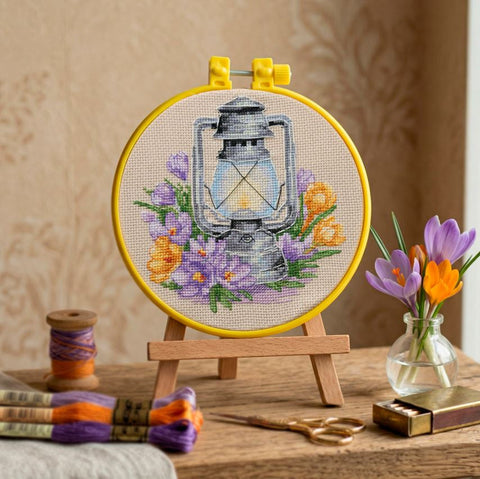 Cross Stitch Kit Spring Crocus Still Life with Hoop, Abris Art, 15x15 cm, Aida 14 Count Fabric, 19 Cotton Floss Colors