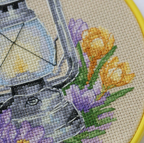Cross Stitch Kit Spring Crocus Still Life with Hoop, Abris Art, 15x15 cm, Aida 14 Count Fabric, 19 Cotton Floss Colors