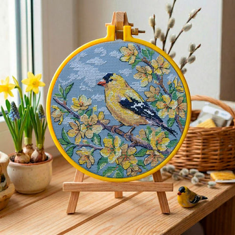 Cross Stitch Kit with Animal Design, Abris Art Sunny Guest, 15 x 15 cm, Blue Aida 14 ct, 20 Cotton Thread Colors