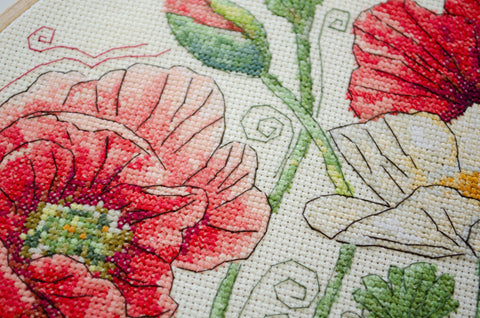 Cross Stitch Kit Blooming Poppies 30x30 cm, Abris Art, 14 Count Ecru Canvas, 37 Thread Colors