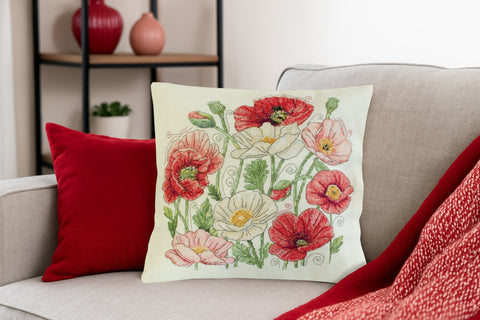 Cross Stitch Kit Blooming Poppies 30x30 cm, Abris Art, 14 Count Ecru Canvas, 37 Thread Colors
