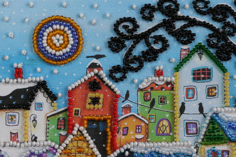 Mini Bead Embroidery Kit, Colorful City Houses Scene, 15 x 15 cm Canvas, 1986 Beads, 13 Colors, Abris Art
