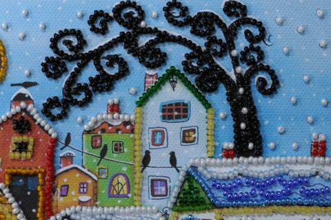 Mini Bead Embroidery Kit, Colorful City Houses Scene, 15 x 15 cm Canvas, 1986 Beads, 13 Colors, Abris Art