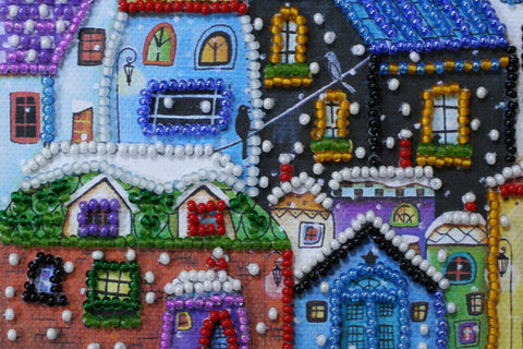 Mini Bead Embroidery Kit, Colorful City Houses Scene, 15 x 15 cm Canvas, 1986 Beads, 13 Colors, Abris Art