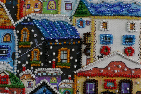 Mini Bead Embroidery Kit, Colorful City Houses Scene, 15 x 15 cm Canvas, 1986 Beads, 13 Colors, Abris Art