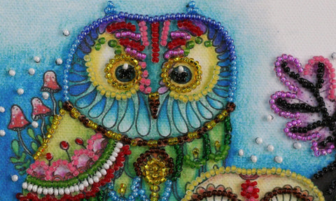 Mini Bead Embroidery Kit, Night Owl Pair, 15x15 cm Canvas, 2081 Beads, 13 Colors, Abris Art