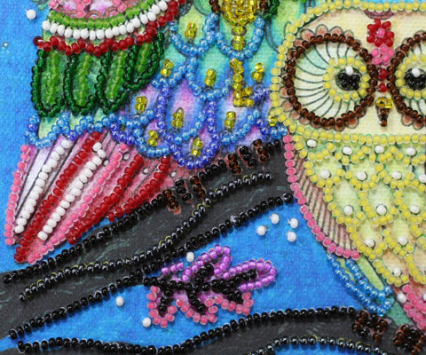 Mini Bead Embroidery Kit, Night Owl Pair, 15x15 cm Canvas, 2081 Beads, 13 Colors, Abris Art