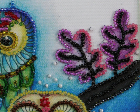 Mini Bead Embroidery Kit, Night Owl Pair, 15x15 cm Canvas, 2081 Beads, 13 Colors, Abris Art