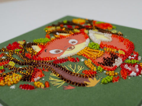 Bead Embroidery Kit with Red Fox Design, Abris Art, 15 x 15 cm Canvas Animal-Themed Craft Set, 1360 Beads, 10 Colors