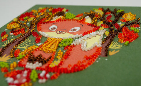 Bead Embroidery Kit with Red Fox Design, Abris Art, 15 x 15 cm Canvas Animal-Themed Craft Set, 1360 Beads, 10 Colors