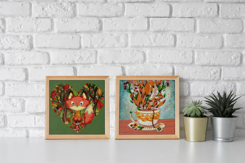 Bead Embroidery Kit with Red Fox Design, Abris Art, 15 x 15 cm Canvas Animal-Themed Craft Set, 1360 Beads, 10 Colors