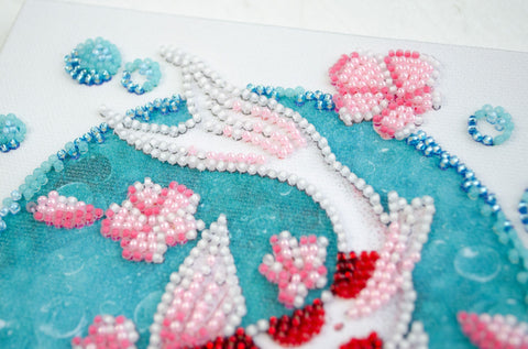Koi Carp Bead Embroidery Kit, 15 x 15 cm, Abris Art Canvas, 1478 Beads, 9 Colors, Marked Design Zones