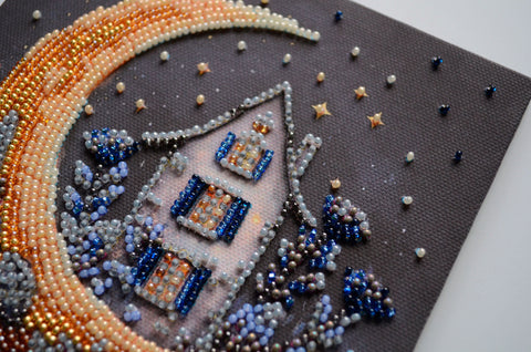 Mini Bead Embroidery Kit, Night Sky Magic Design, 15 x 15 cm, Abris Art Deco Scenes, 12 Colors, 1723 Beads