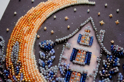 Mini Bead Embroidery Kit, Night Sky Magic Design, 15 x 15 cm, Abris Art Deco Scenes, 12 Colors, 1723 Beads