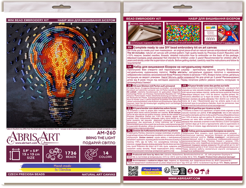 Mini Bead Embroidery Kit Bring the Light, 15 x 15 cm, Abris Art, 1,736 Beads, 14 Colors, Printed Canvas