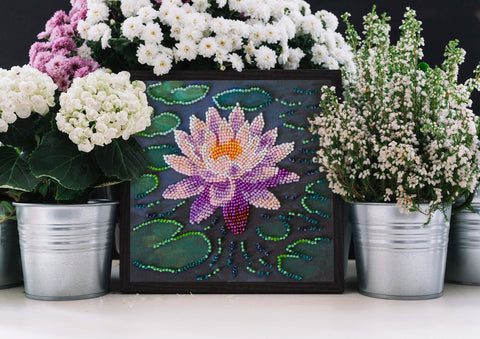 Mini Bead Embroidery Kit – Water Lily Design, 15 x 15 cm, Abris Art, 1,698 Beads, 14 Colors, Printed Canvas