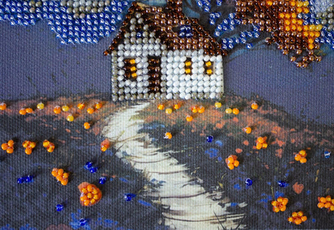 Mini Bead Embroidery Kit, House Under the Clouds Design, Abris Art, 1990 Beads, 12 Colors, Printed Canvas, 15 x 15 cm