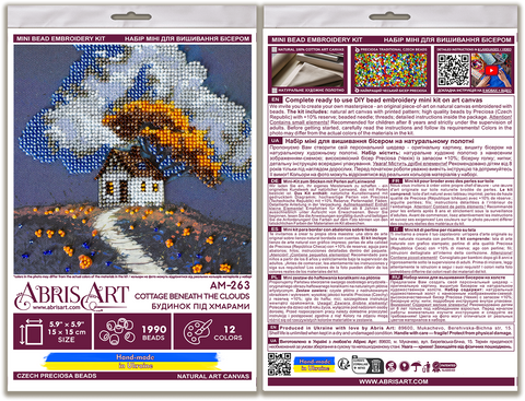 Mini Bead Embroidery Kit, House Under the Clouds Design, Abris Art, 1990 Beads, 12 Colors, Printed Canvas, 15 x 15 cm