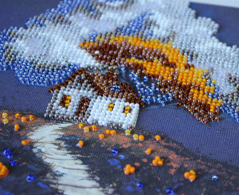 Mini Bead Embroidery Kit, House Under the Clouds Design, Abris Art, 1990 Beads, 12 Colors, Printed Canvas, 15 x 15 cm