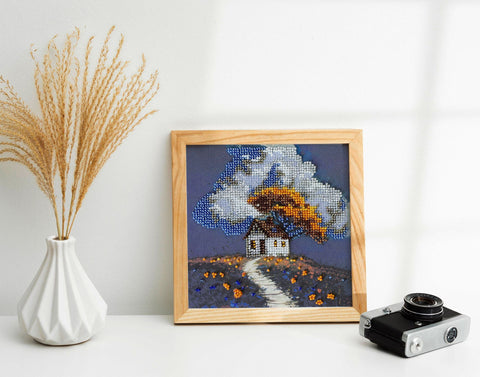 Mini Bead Embroidery Kit, House Under the Clouds Design, Abris Art, 1990 Beads, 12 Colors, Printed Canvas, 15 x 15 cm