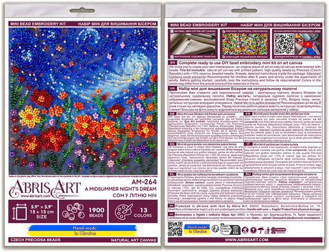 Mini Bead Embroidery Kit, Midsummer Night’s Dream Nature Landscape, 15 x 15 cm, Abris Art, Printed Canvas, 1900 Beads