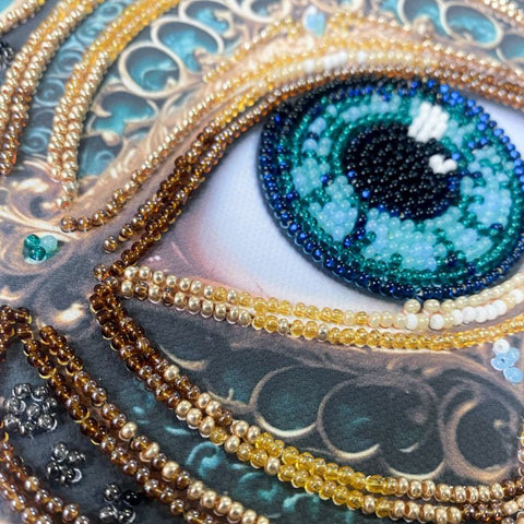 Mini Bead Embroidery Kit, 15 x 15 cm, Abris Art “Alchemy of a Gaze” Design, Printed Canvas, 12 Colors