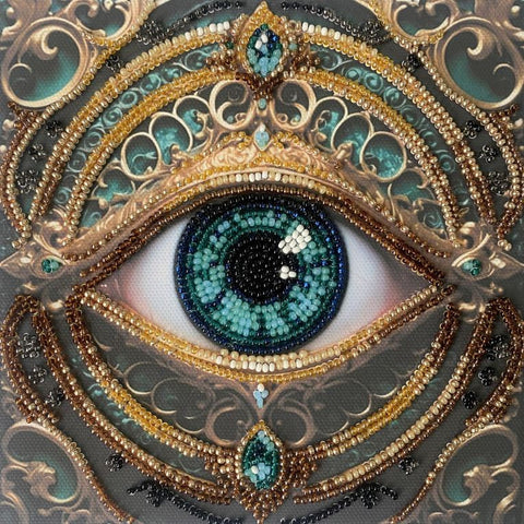 Mini Bead Embroidery Kit, 15 x 15 cm, Abris Art “Alchemy of a Gaze” Design, Printed Canvas, 12 Colors