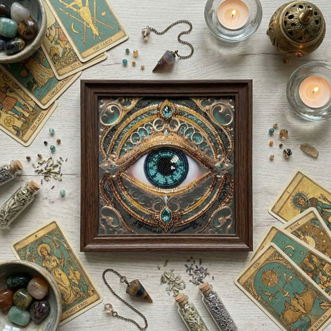 Mini Bead Embroidery Kit, 15 x 15 cm, Abris Art “Alchemy of a Gaze” Design, Printed Canvas, 12 Colors