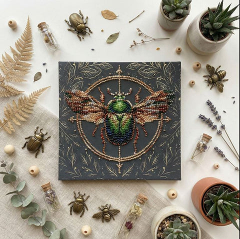 Mini Bead Embroidery Kit with Animal Motifs, Abris Art Nature Theme, 15x15 cm Printed Canvas, 13 Colors, 1517 Beads