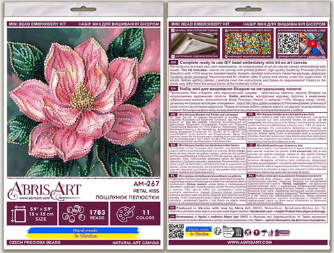 Mini Bead Embroidery Kit with Floral Design, 15x15 cm, Petal Kiss, Abris Art, 11 Colors, 1783 Beads