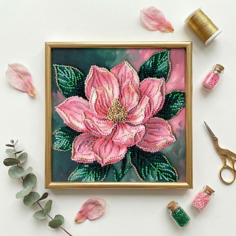 Mini Bead Embroidery Kit with Floral Design, 15x15 cm, Petal Kiss, Abris Art, 11 Colors, 1783 Beads