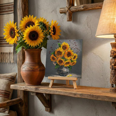 Mini Beaded Embroidery Kit, Sunflower Still Life, 15x15 cm, Abris Art, 11 Colors, 1364 Beads