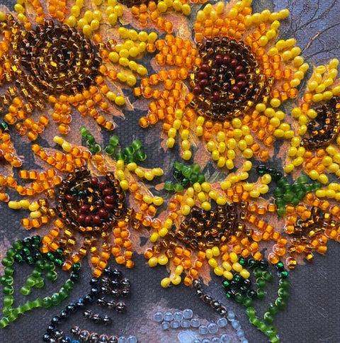 Mini Beaded Embroidery Kit, Sunflower Still Life, 15x15 cm, Abris Art, 11 Colors, 1364 Beads