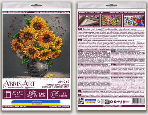 Mini Beaded Embroidery Kit, Sunflower Still Life, 15x15 cm, Abris Art, 11 Colors, 1364 Beads