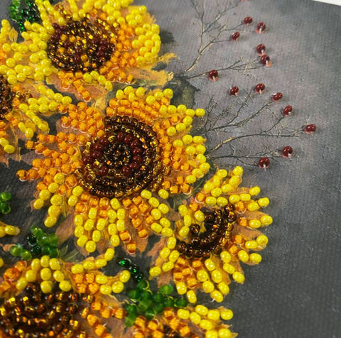 Mini Beaded Embroidery Kit, Sunflower Still Life, 15x15 cm, Abris Art, 11 Colors, 1364 Beads