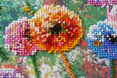 Bead Embroidery Kit, Multicolor Flower Design, Abris Art, 3508 Beads in 19 Colors, 20 x 20 cm Finished Size