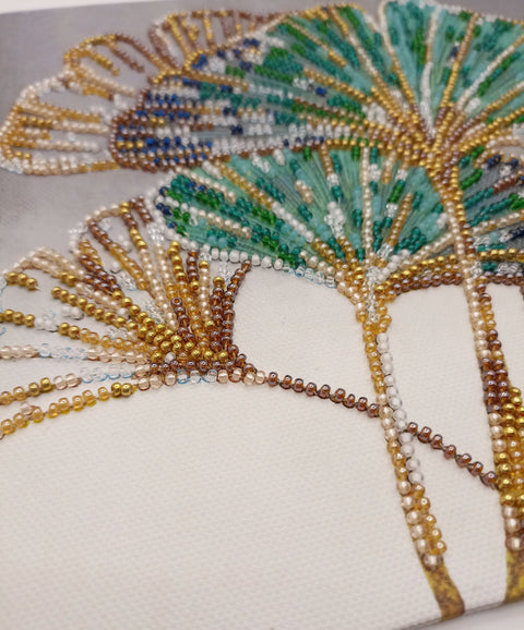 Bead Embroidery Kit with Emerald Leaf Design, 20 x 20 cm, 10 Colors, 3005 Beads, Abris Art, Deco Style