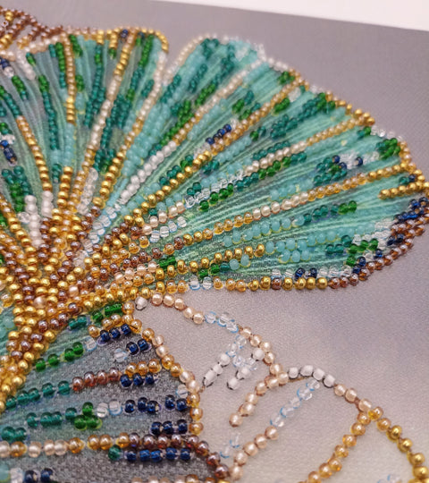 Bead Embroidery Kit with Emerald Leaf Design, 20 x 20 cm, 10 Colors, 3005 Beads, Abris Art, Deco Style